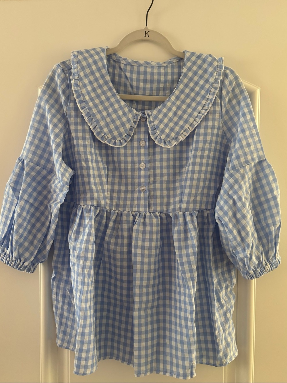 Blue Gingham Ruffle Collar Blouse